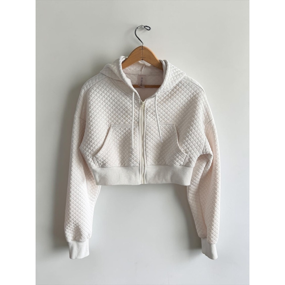 AS Revival Women Cream Quilted Cropped Zip Up Hoodie Sweatshirt M